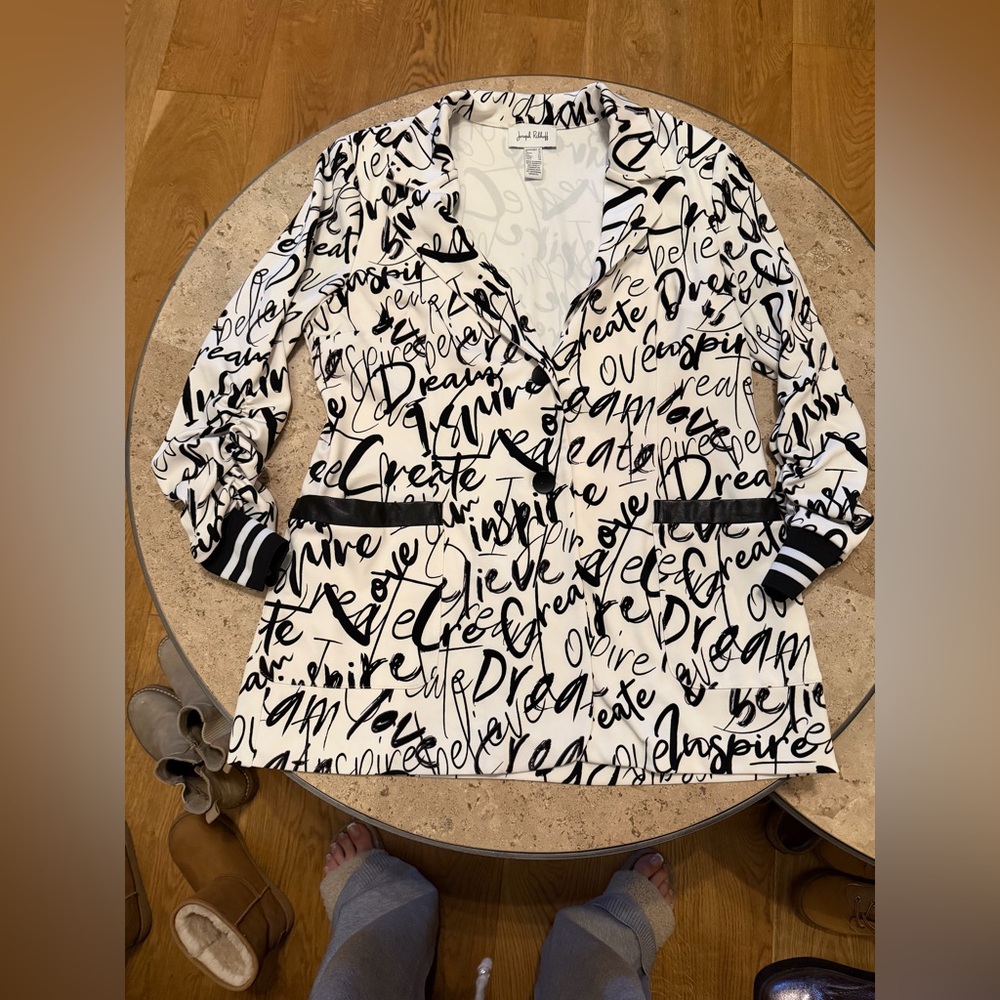 Joseph Ribkoff Black and White Script Blazer - Picture 2 of 6